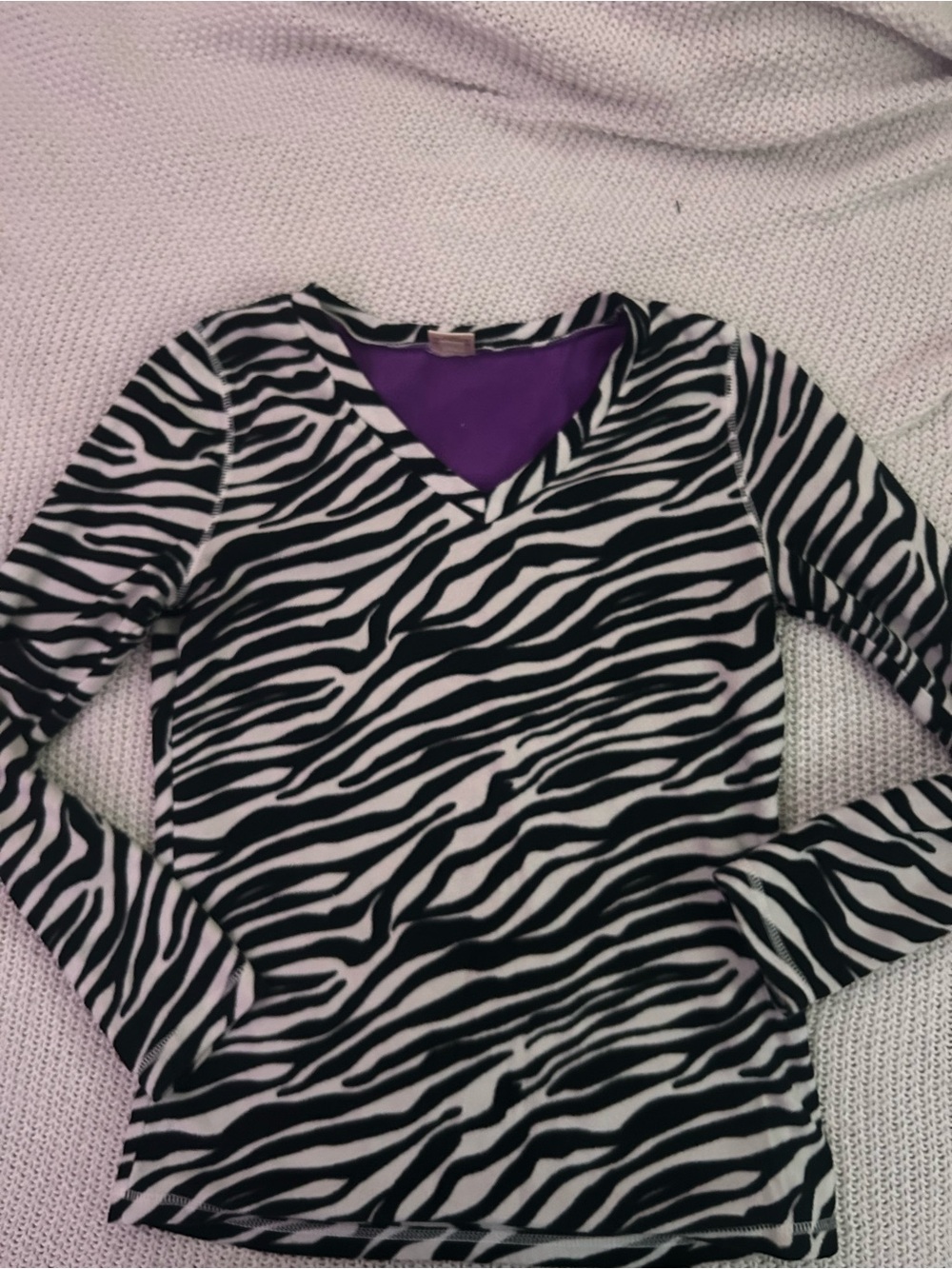 SO Zebra-Print V-Neck Long Sleeve Top - Black, White & Purple Accent